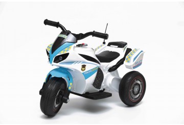 Moto Elettrica Per Bambini Polizia Blue Con Musiche Luci Mp3 Marcia Avanti E Indietro Accelleratore 3 Ruote