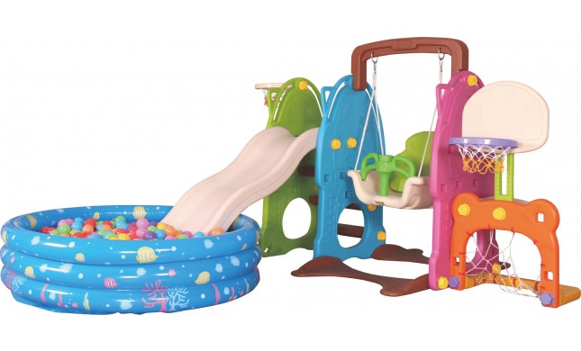 Scivolo Per Bambini Con Altalena e piscina Giardino Interno Esterni Multifunzione Con Canestro H122 X L209 X L256 Party