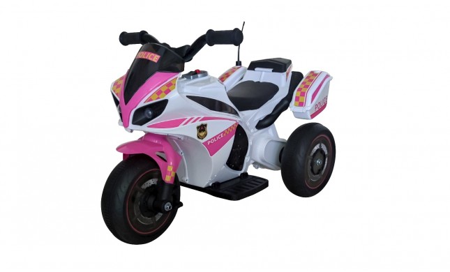 Moto Elettrica per bambini Polizia Rosa con Musiche Luci Mp3 Marcia avanti e indietro accelleratore 3 ruote