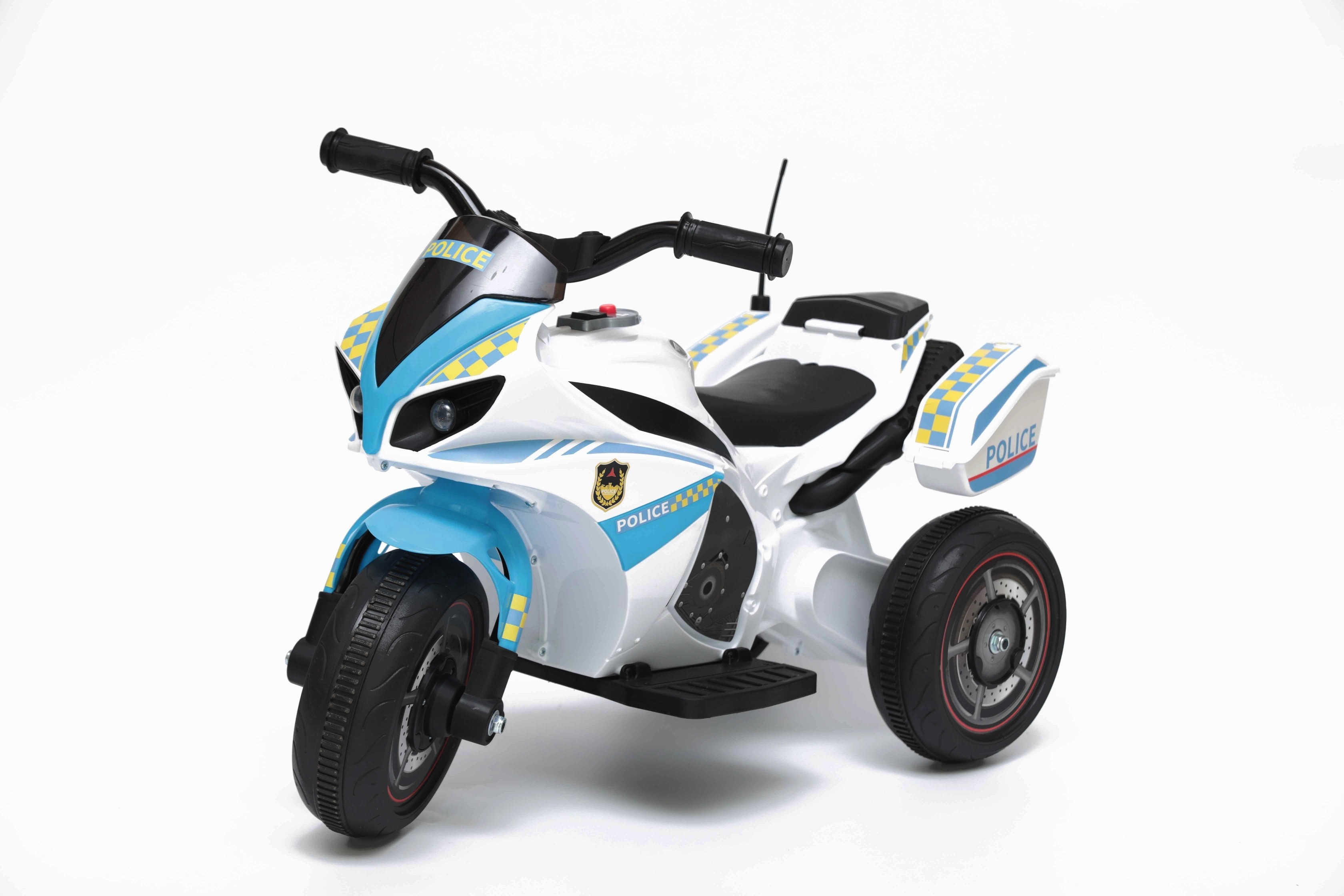 Bianco BAKAJI Toys Moto Polizia Motocicletta Elettrica Bambini Batteria 6V Ricaricabile Triciclo 3 Ruote Fari Funzionanti Sirena con Luci e Suoni Dimensione 69 x 45 x 39 cm