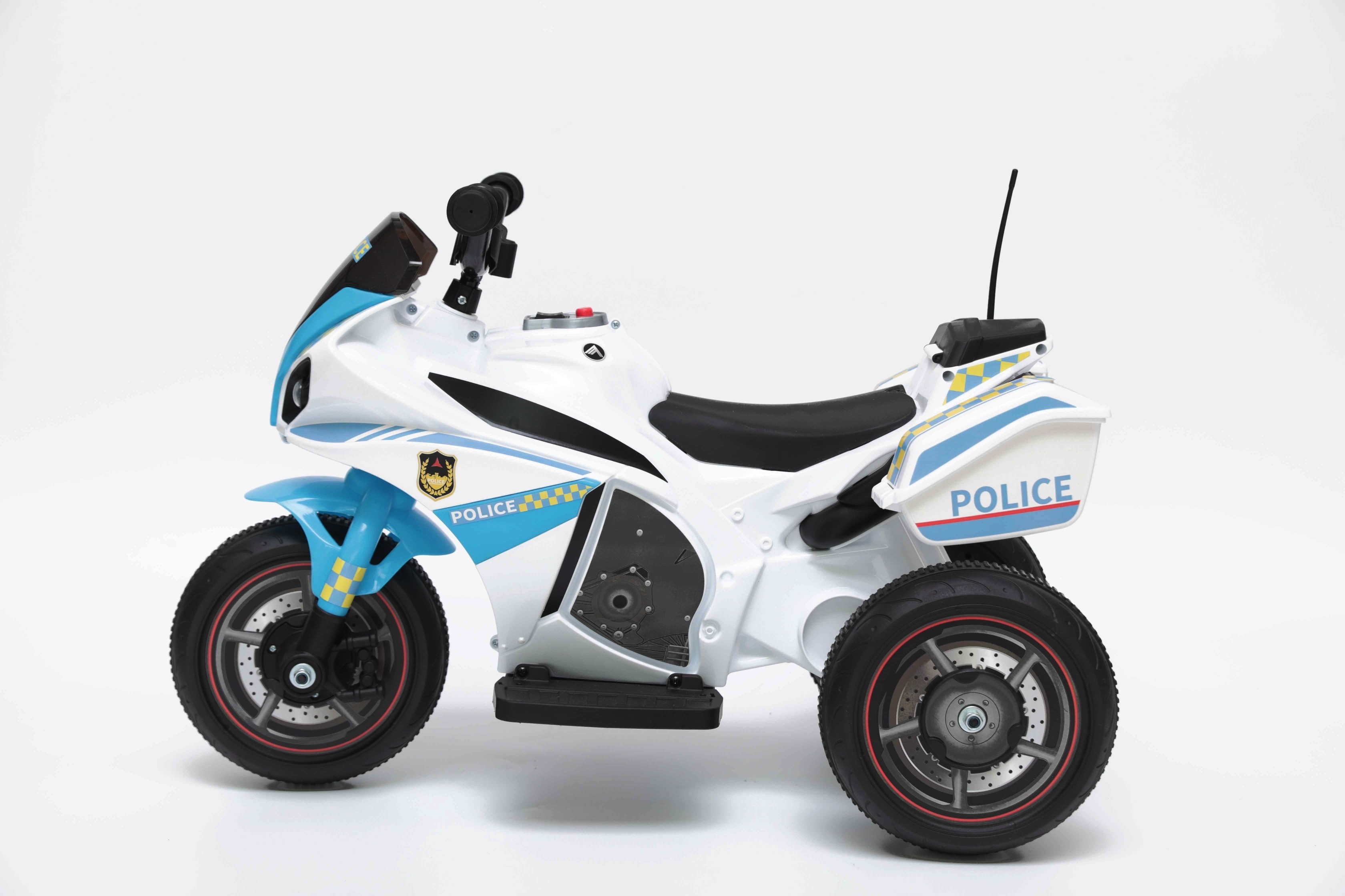 Bianco BAKAJI Toys Moto Polizia Motocicletta Elettrica Bambini Batteria 6V Ricaricabile Triciclo 3 Ruote Fari Funzionanti Sirena con Luci e Suoni Dimensione 69 x 45 x 39 cm